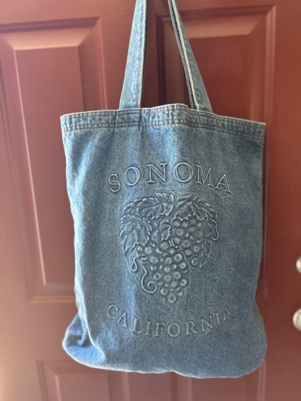 Sonoma Denim Tote in Blue with Embroidered Grape Motif